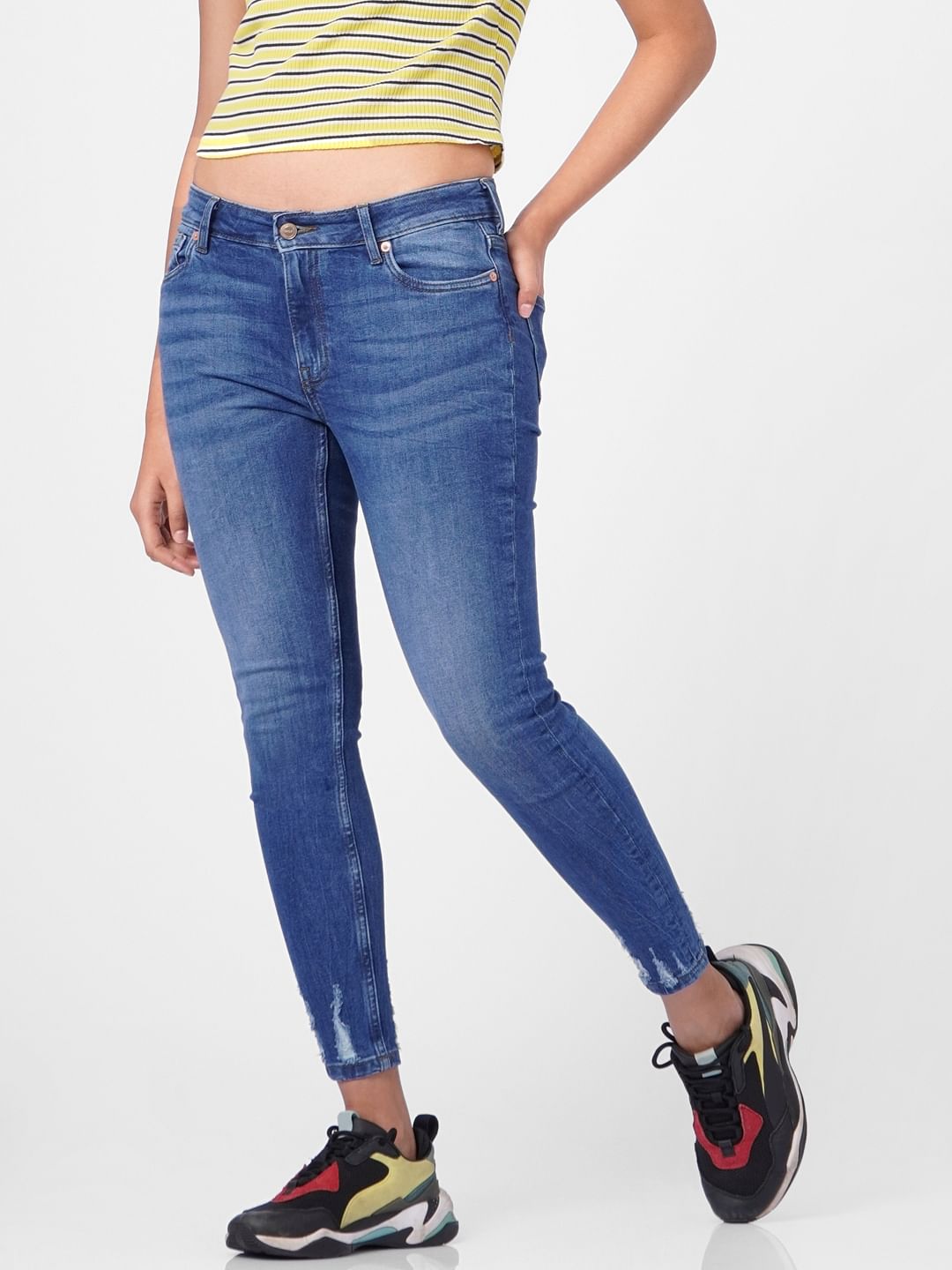 Blue Mid Rise Distressed Skinny Jeans