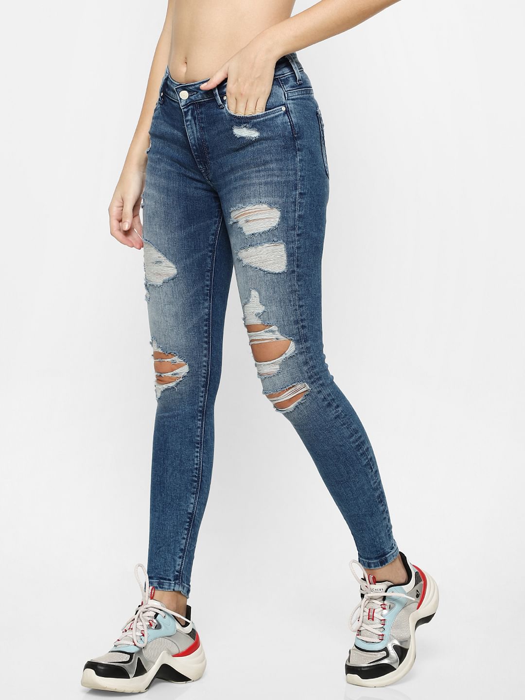 Blue High Rise Ripped Skinny Jeans