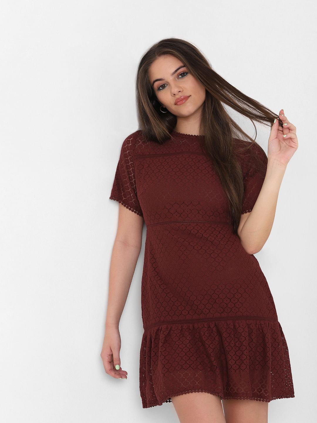 Maroon Lace Fit & Flare Dress