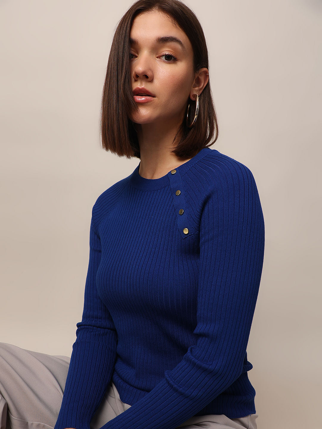 Blue Rib-Knit Pullover