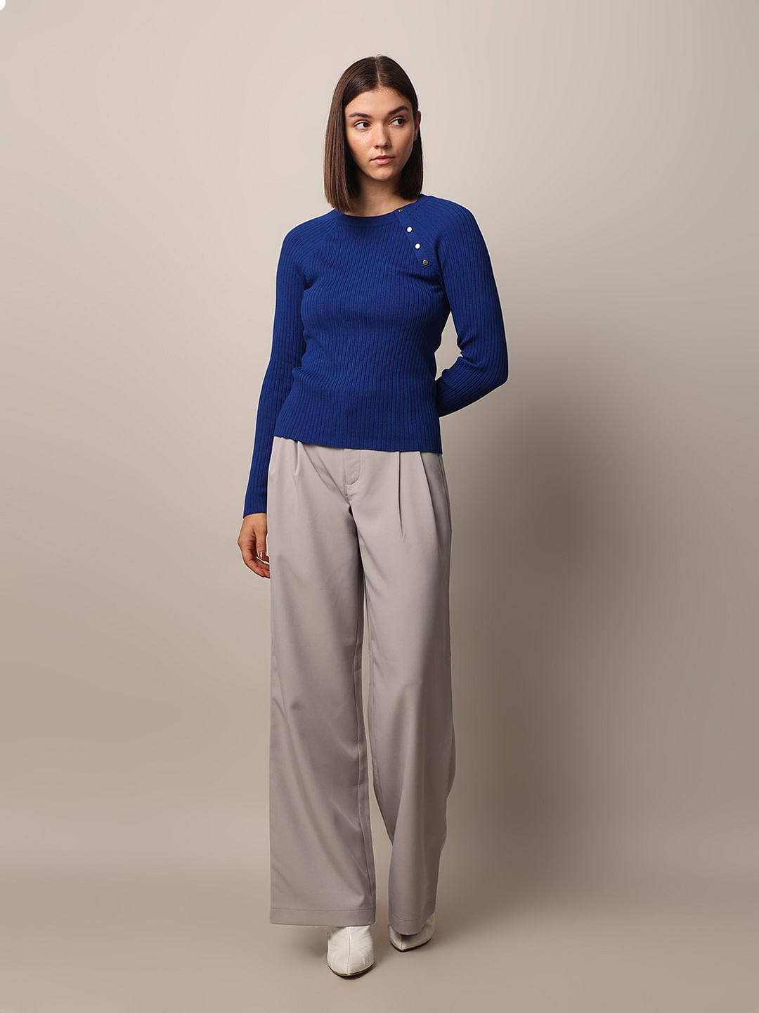 Blue Rib-Knit Pullover