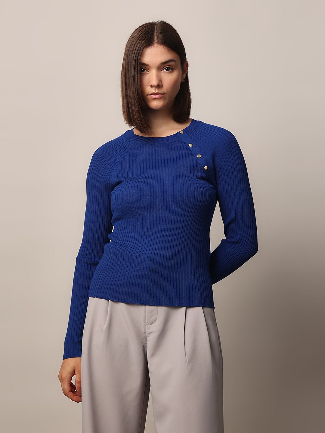 Blue Rib-Knit Pullover