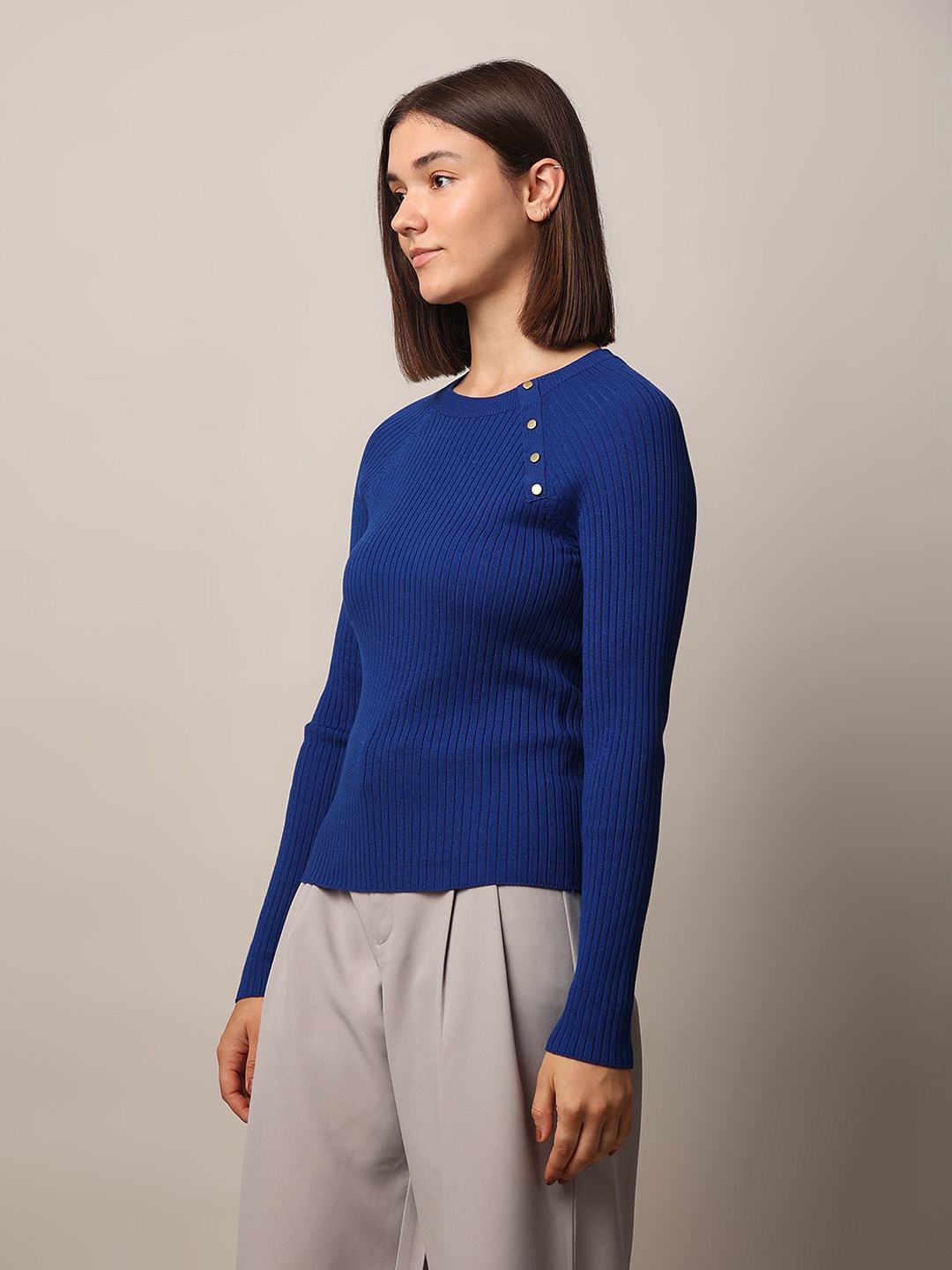 Blue Rib-Knit Pullover
