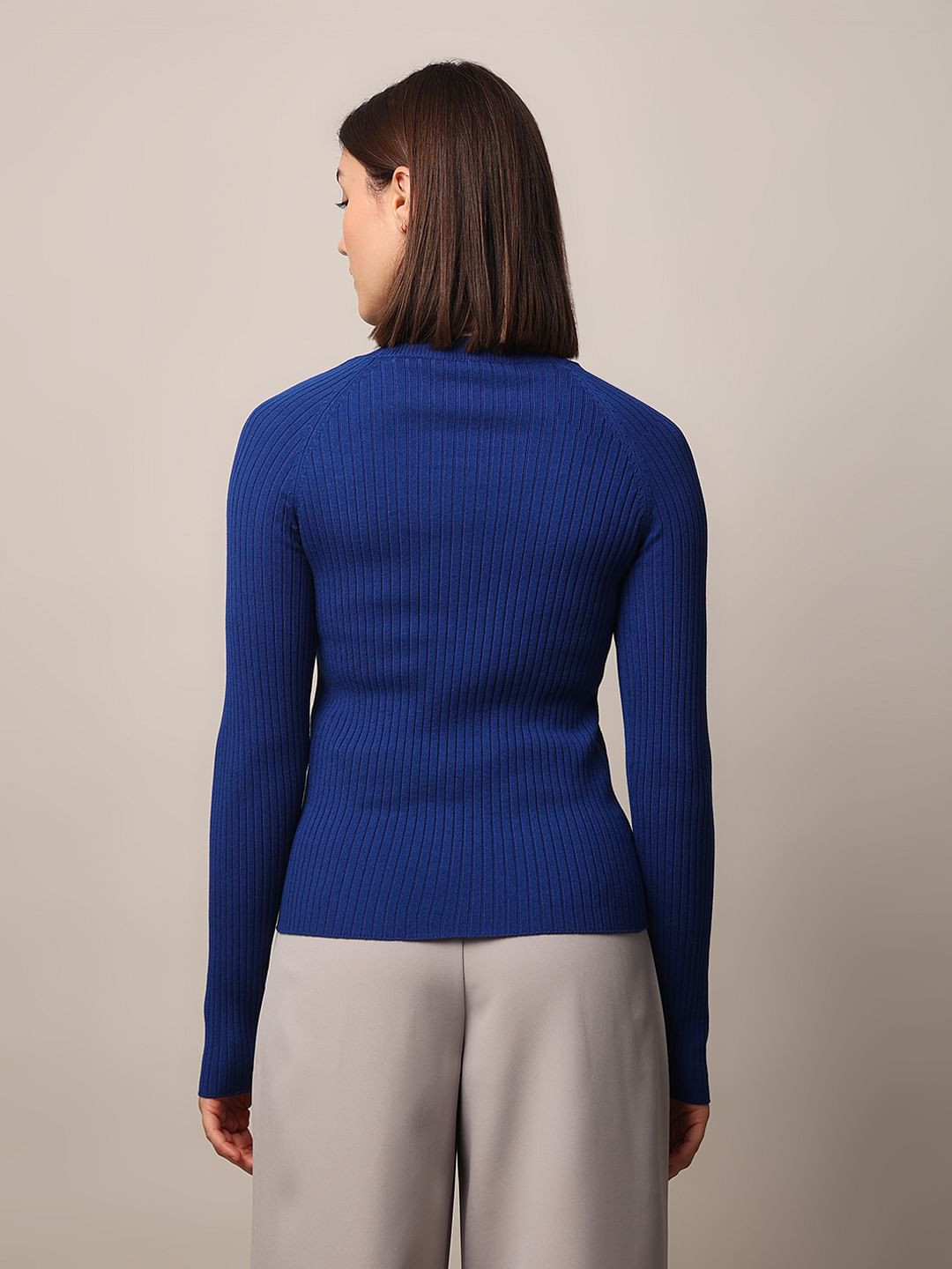 Blue Rib-Knit Pullover