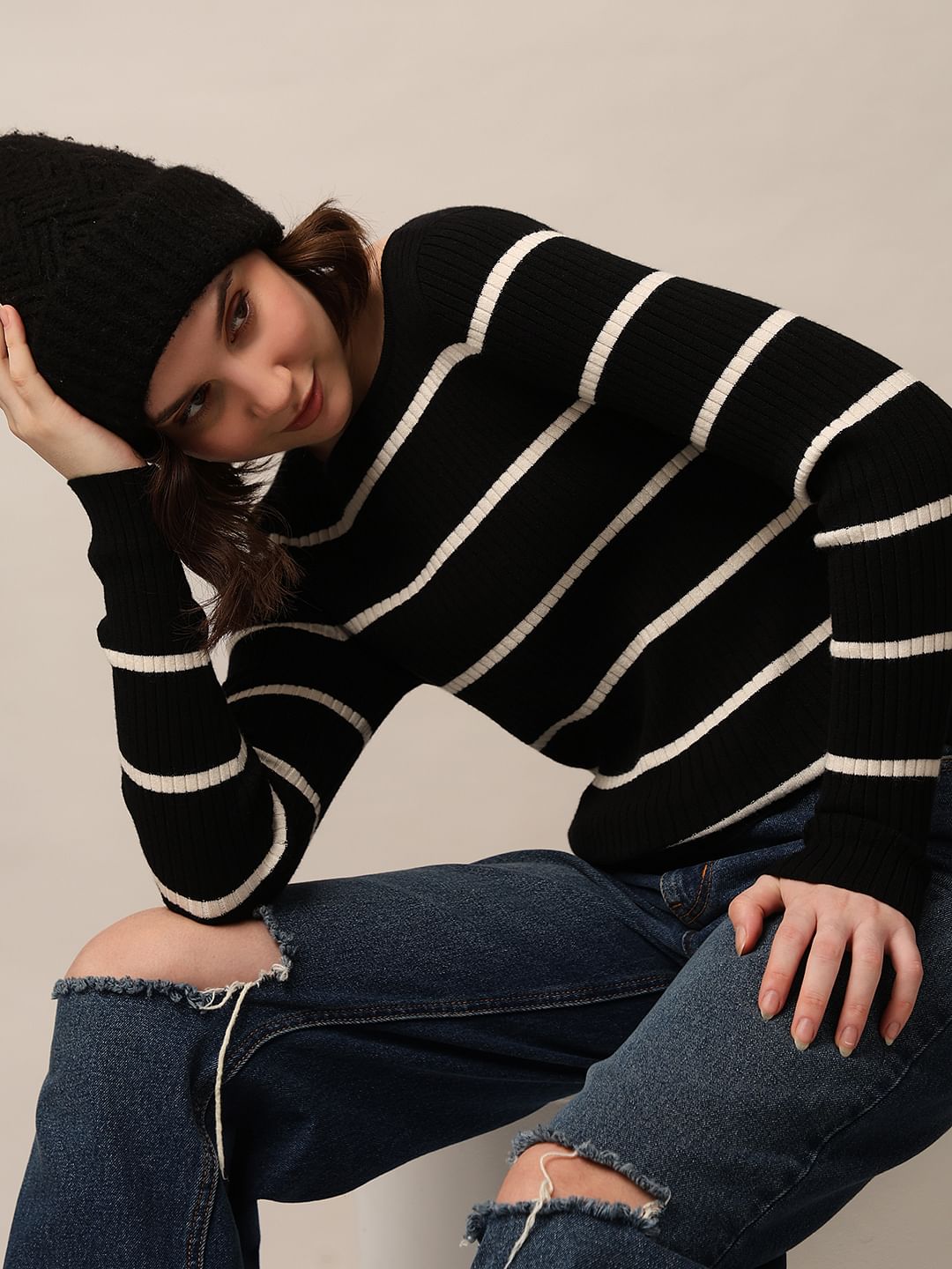 Black Ribbed Boatneck Pullover