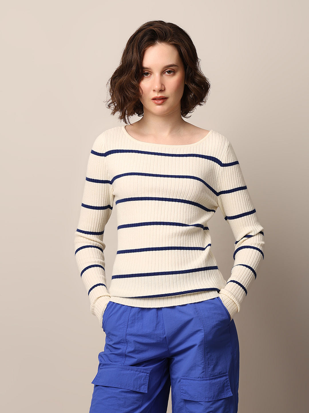Cream Ribbed Boatneck Pullover