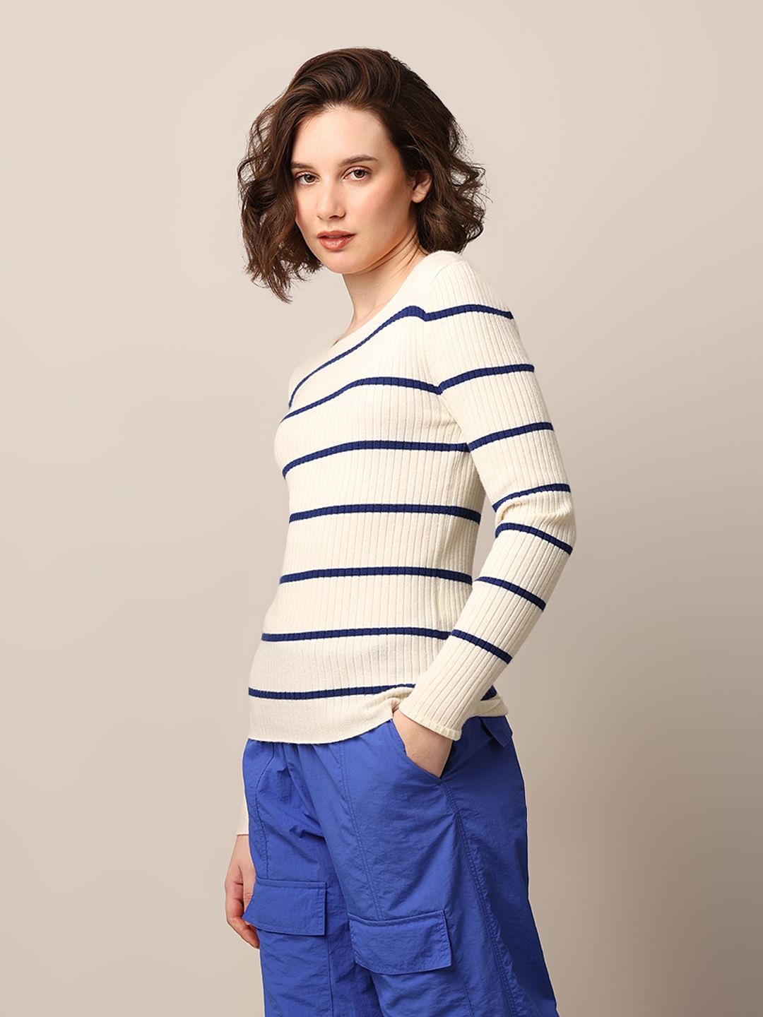 Cream Ribbed Boatneck Pullover