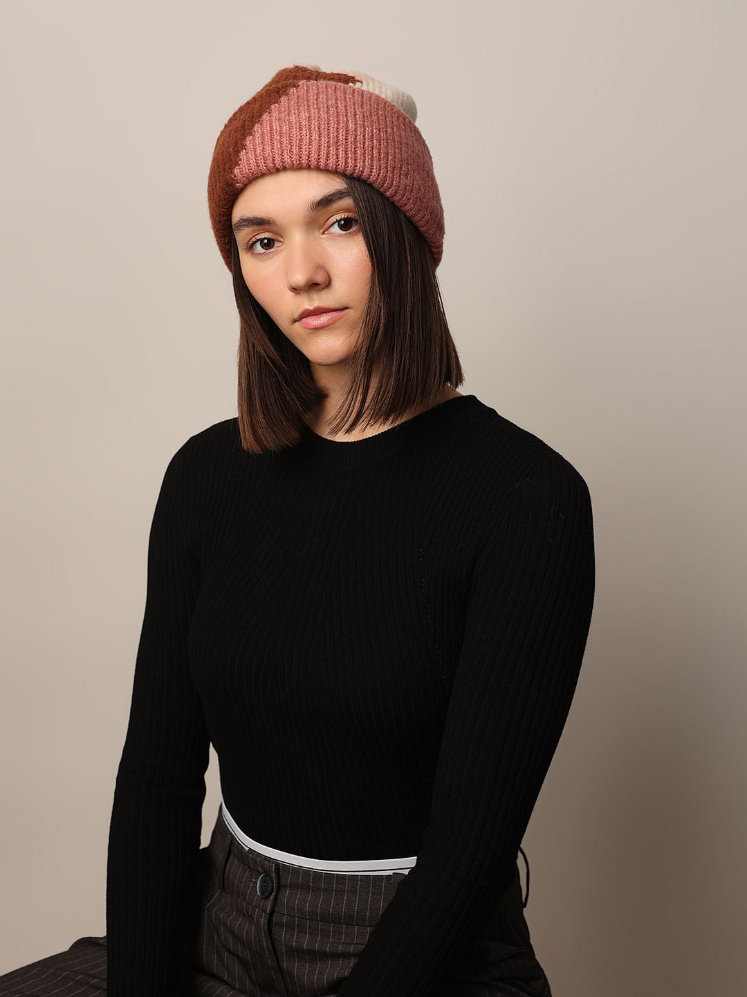 Pink Colourblocked Knitted Beanie