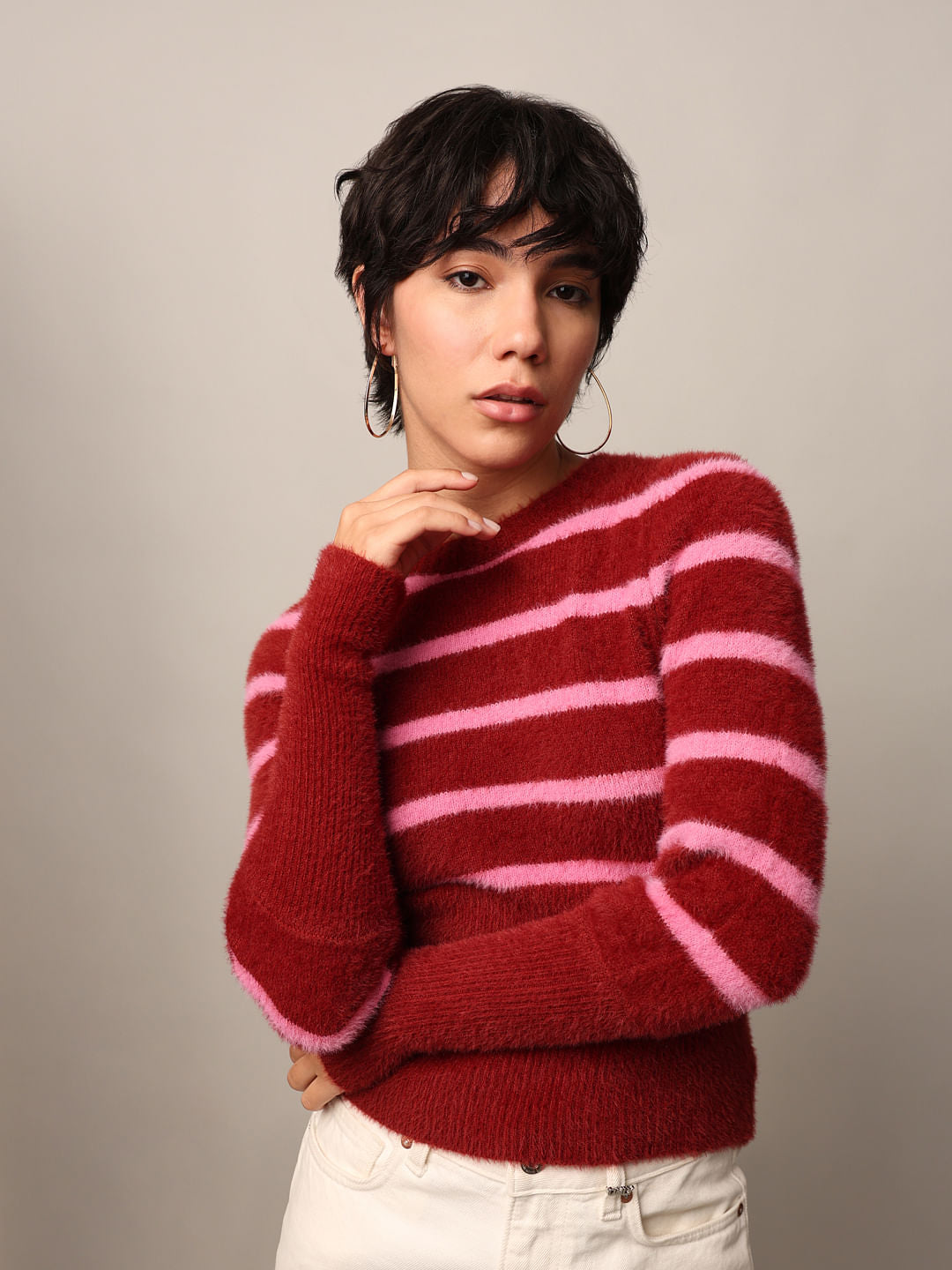 Red Fuzzy Striped Pullover