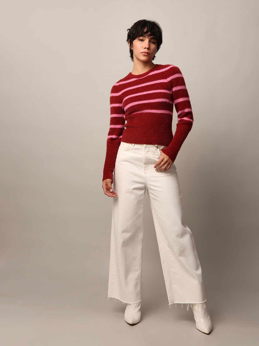 Red Fuzzy Striped Pullover