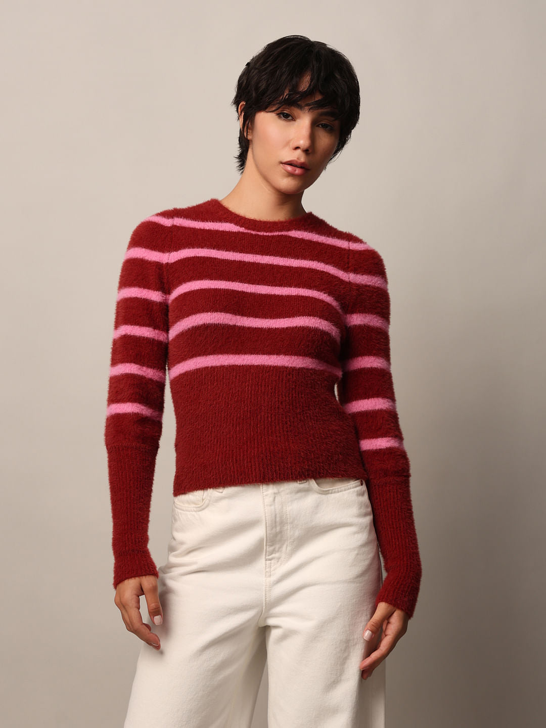 Red Fuzzy Striped Pullover