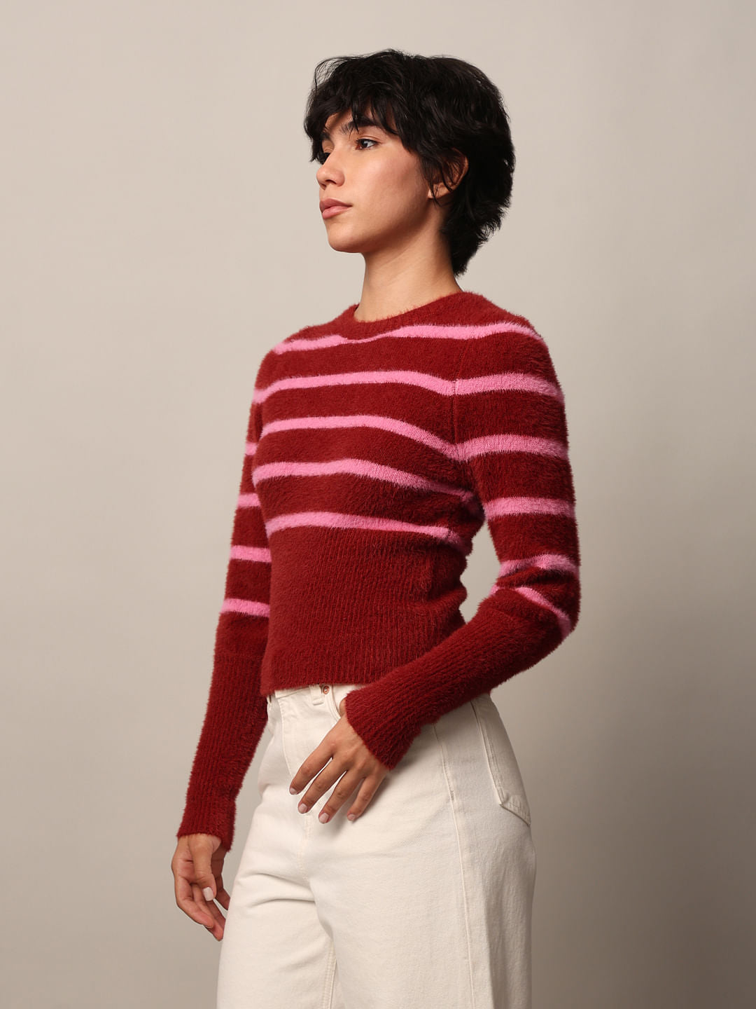 Red Fuzzy Striped Pullover