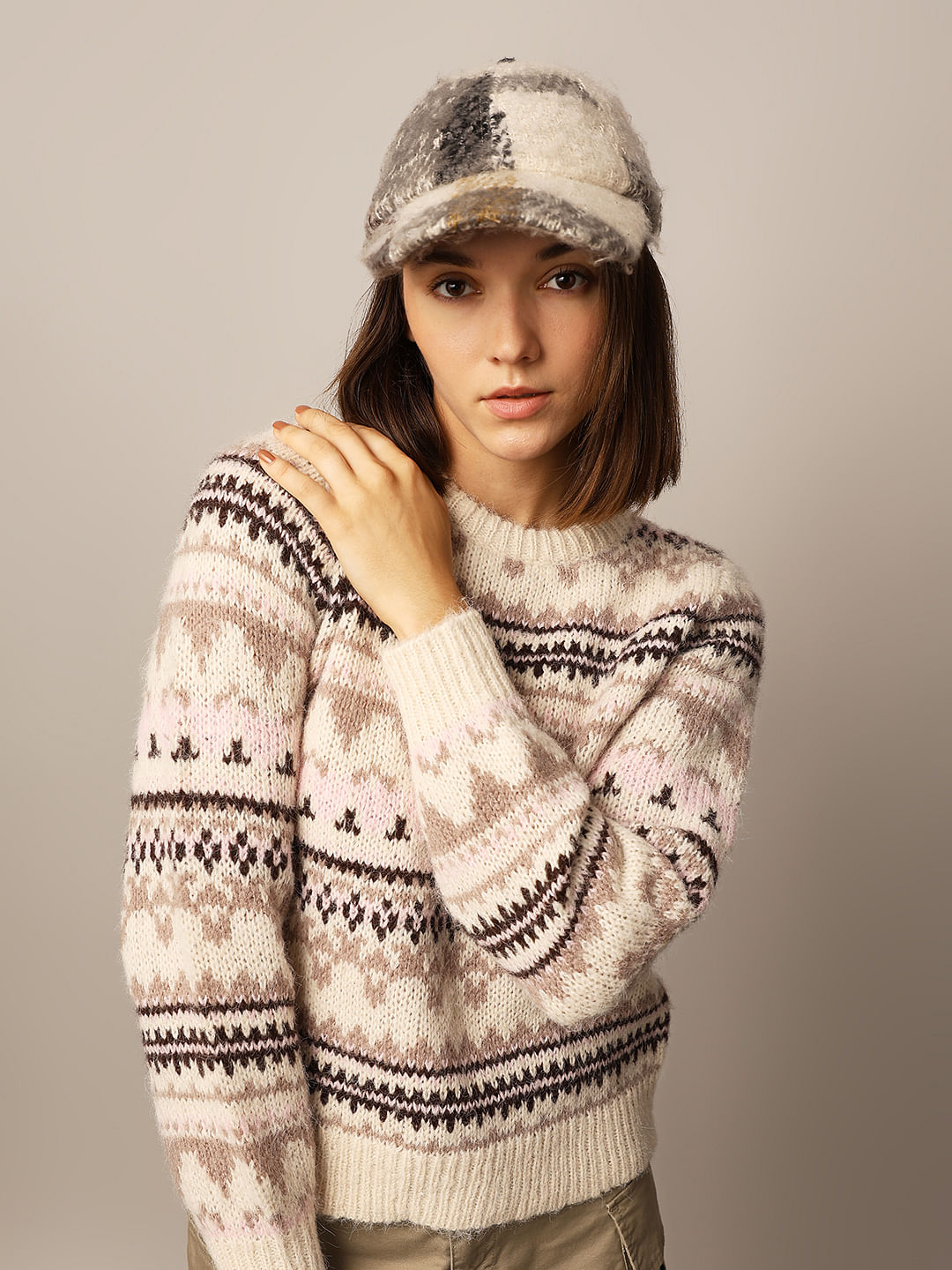 Beige Jacquard Knit Pullover