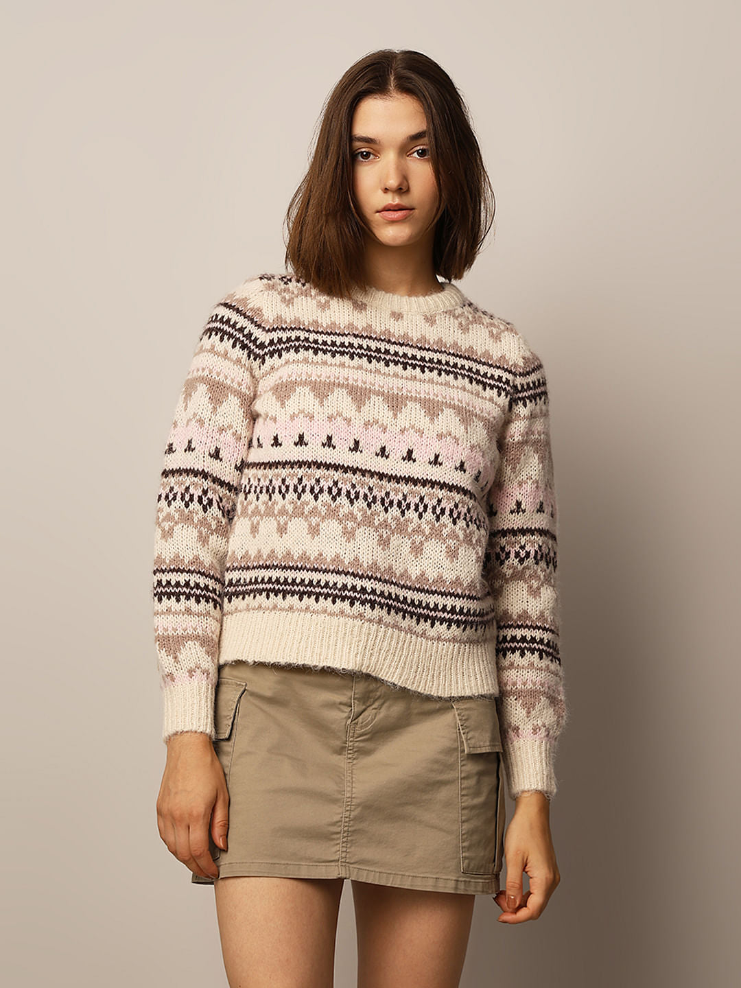 Beige Jacquard Knit Pullover