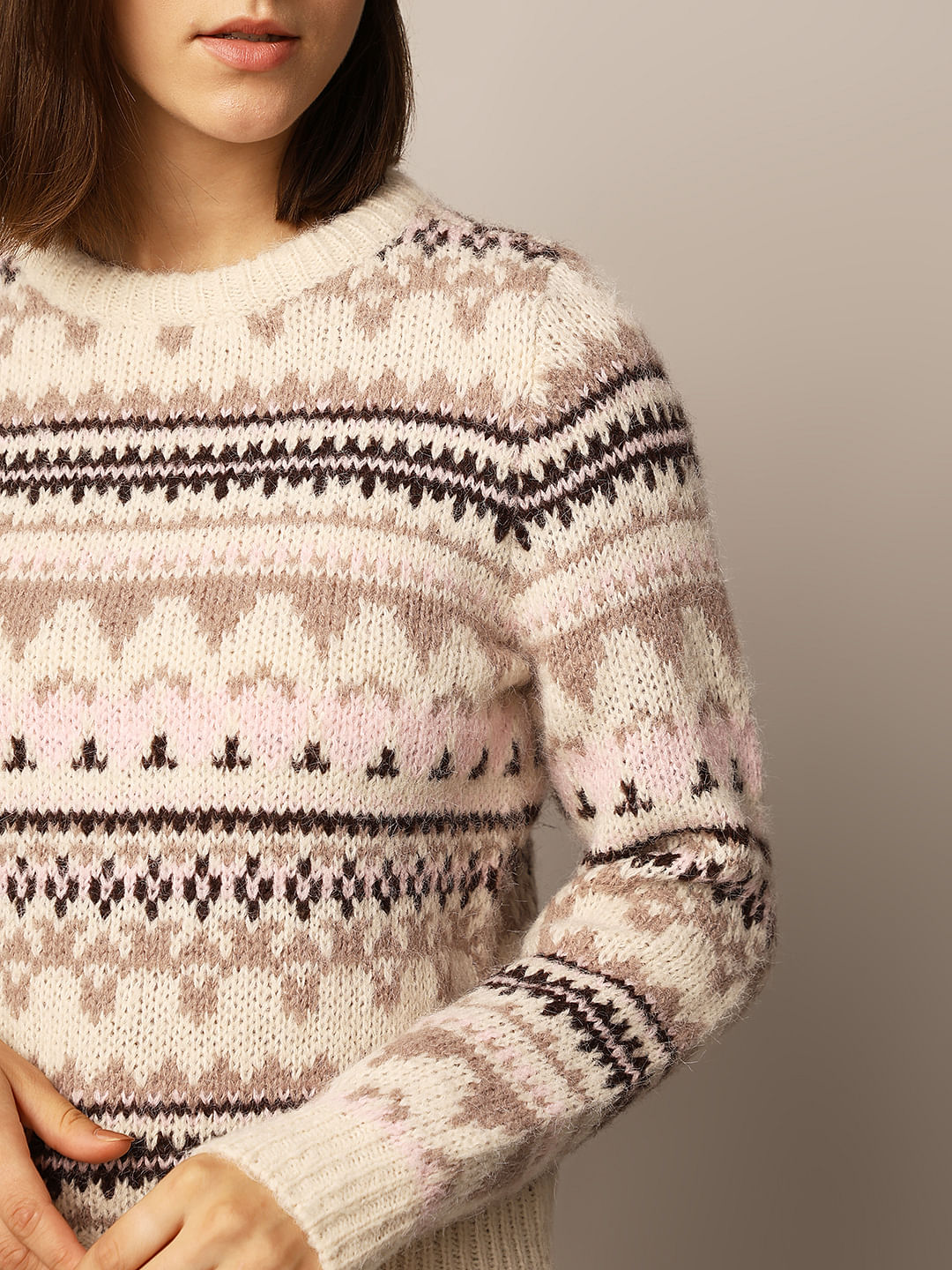 Beige Jacquard Knit Pullover