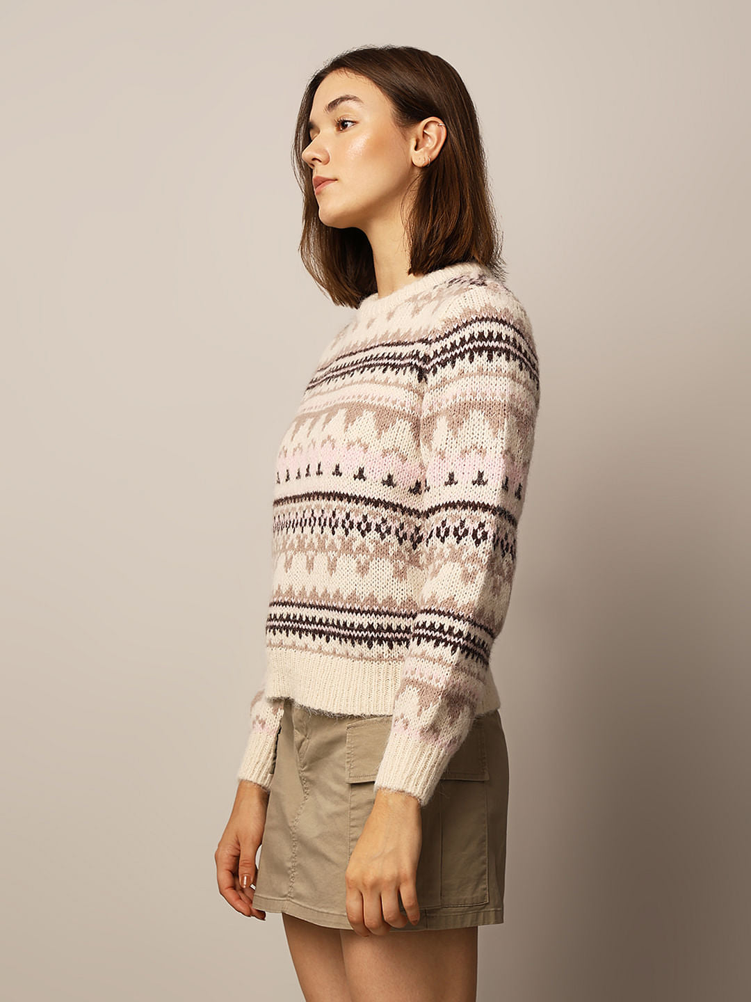Beige Jacquard Knit Pullover