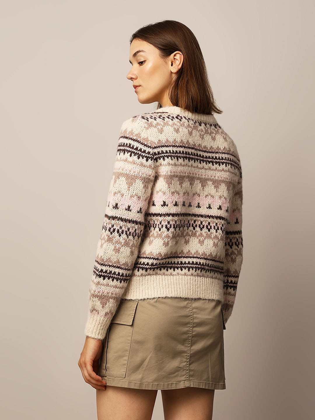 Beige Jacquard Knit Pullover