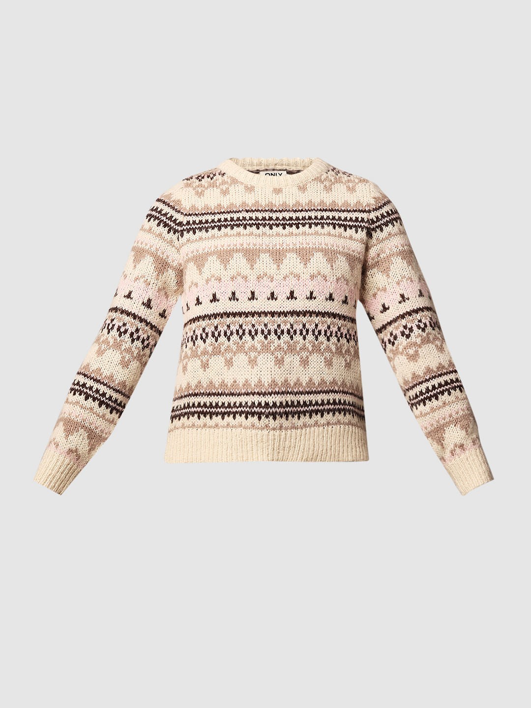 Beige Jacquard Knit Pullover