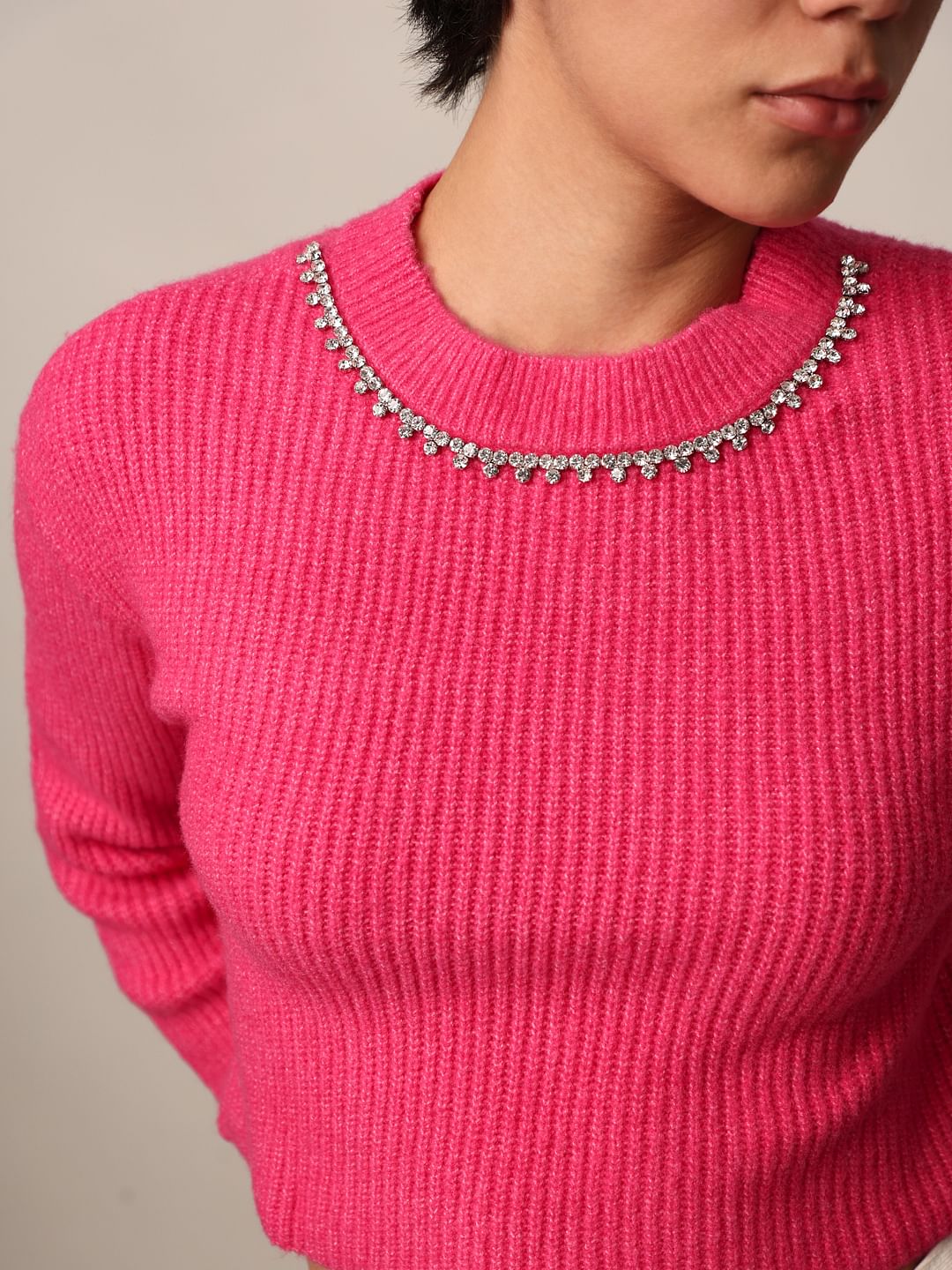 Pink Rhinestone Detail Pullover