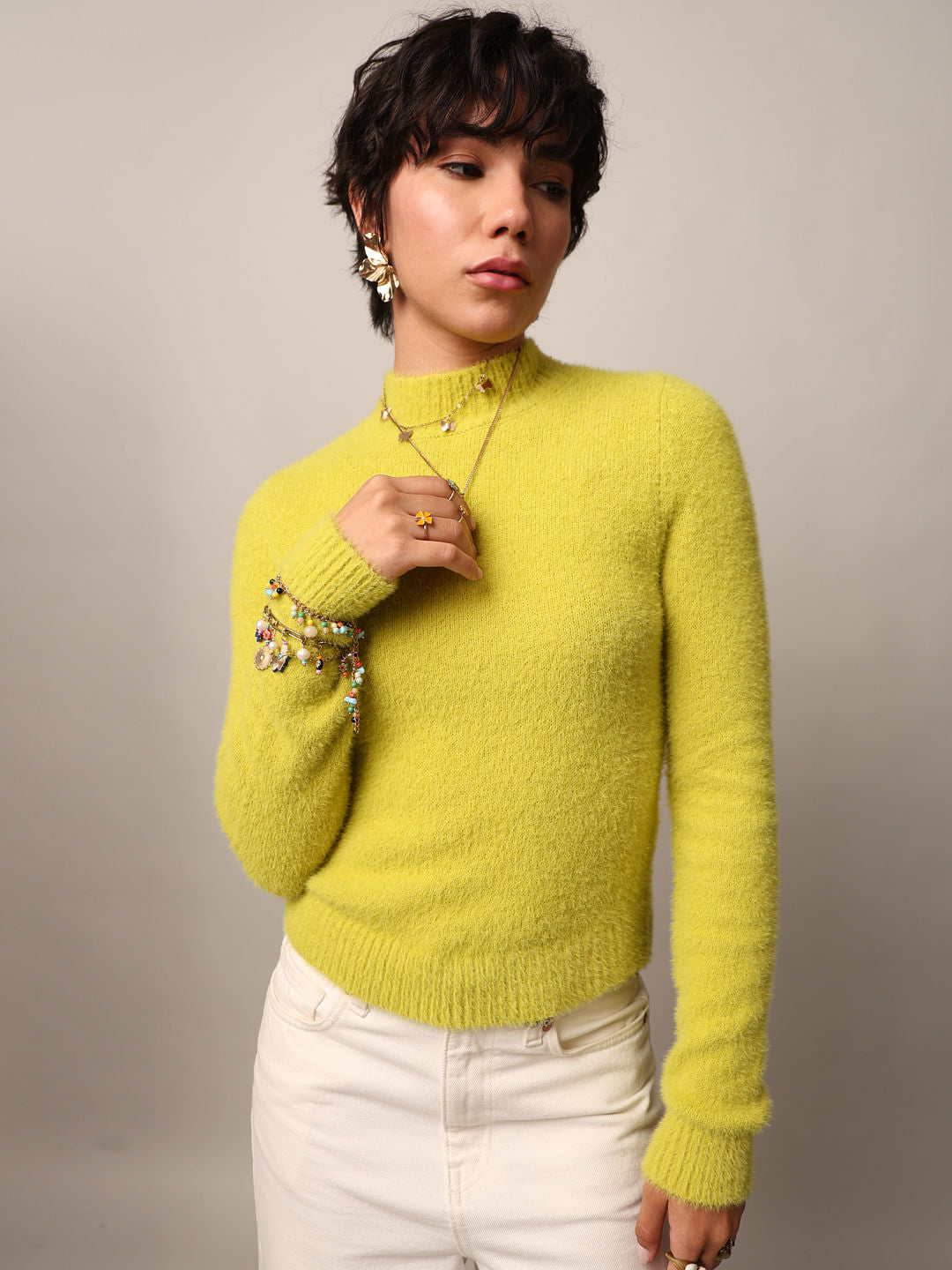 Yellow Fuzzy High Neck Pullover