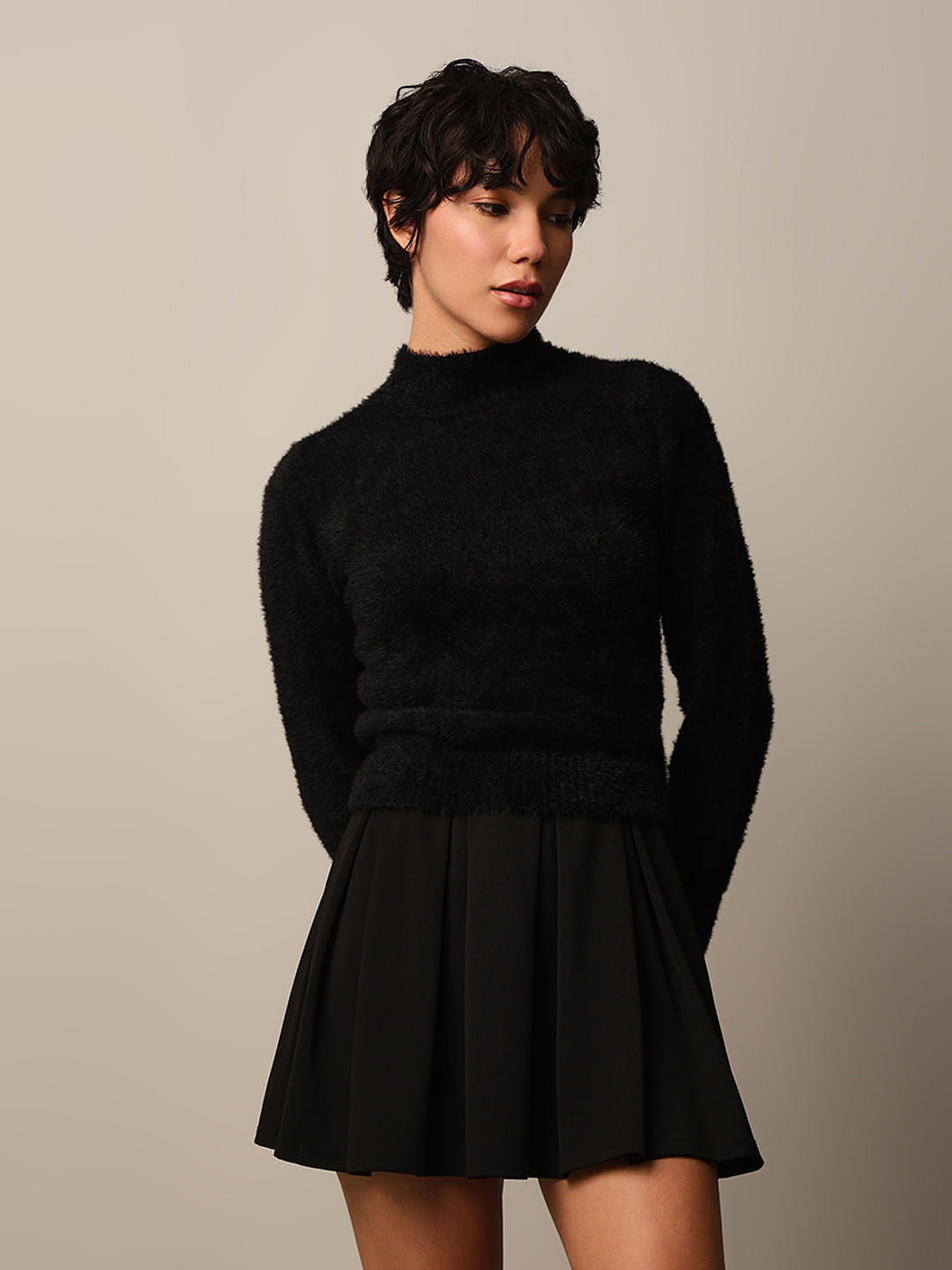 Black High Neck Fuzzy Pullover