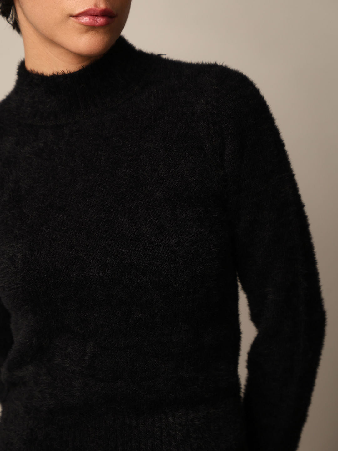 Black High Neck Fuzzy Pullover