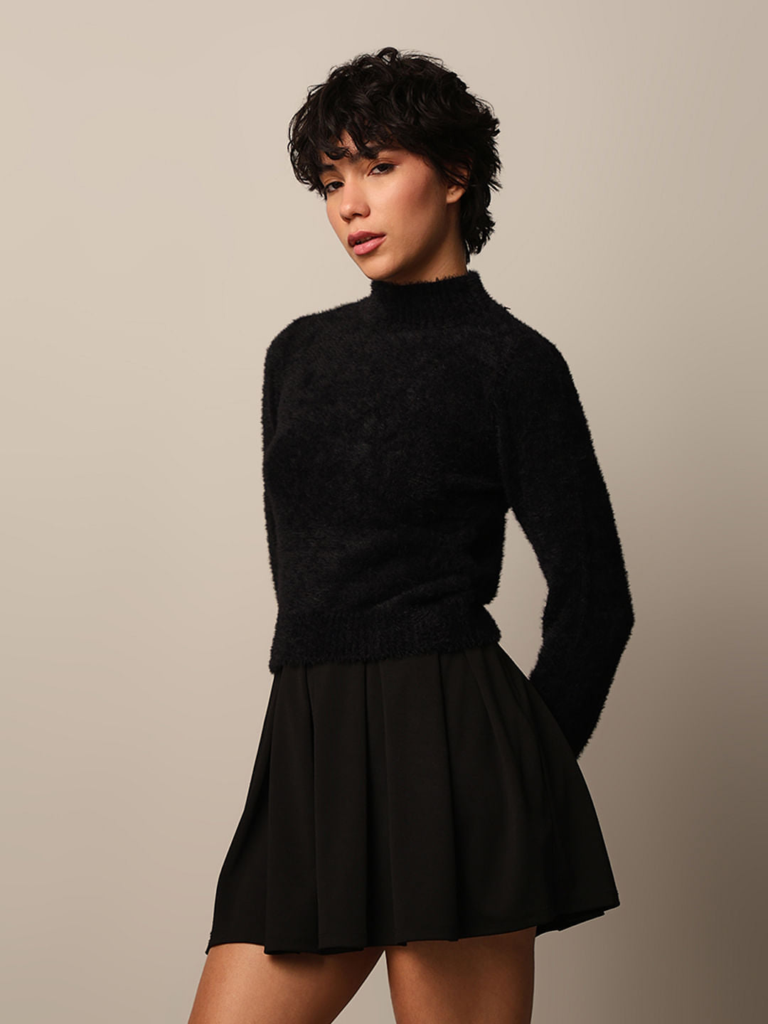 Black High Neck Fuzzy Pullover