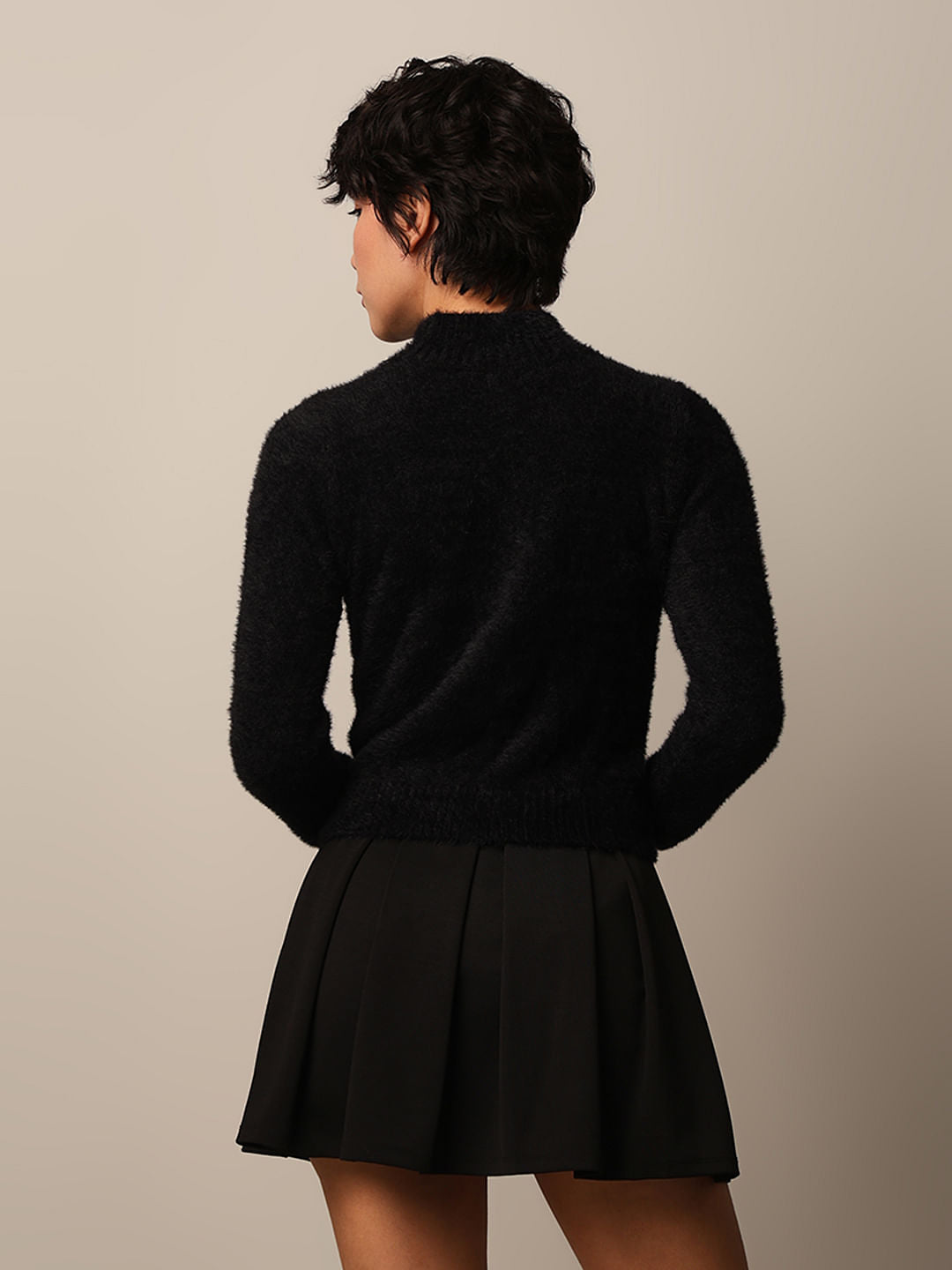 Black High Neck Fuzzy Pullover