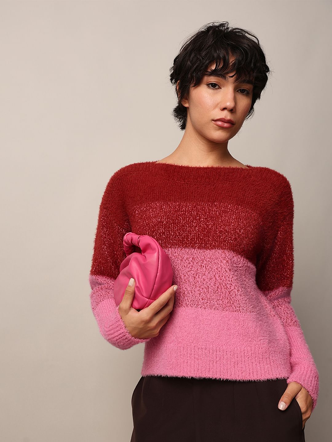 Pink Colourblocked Fuzzy Pullover