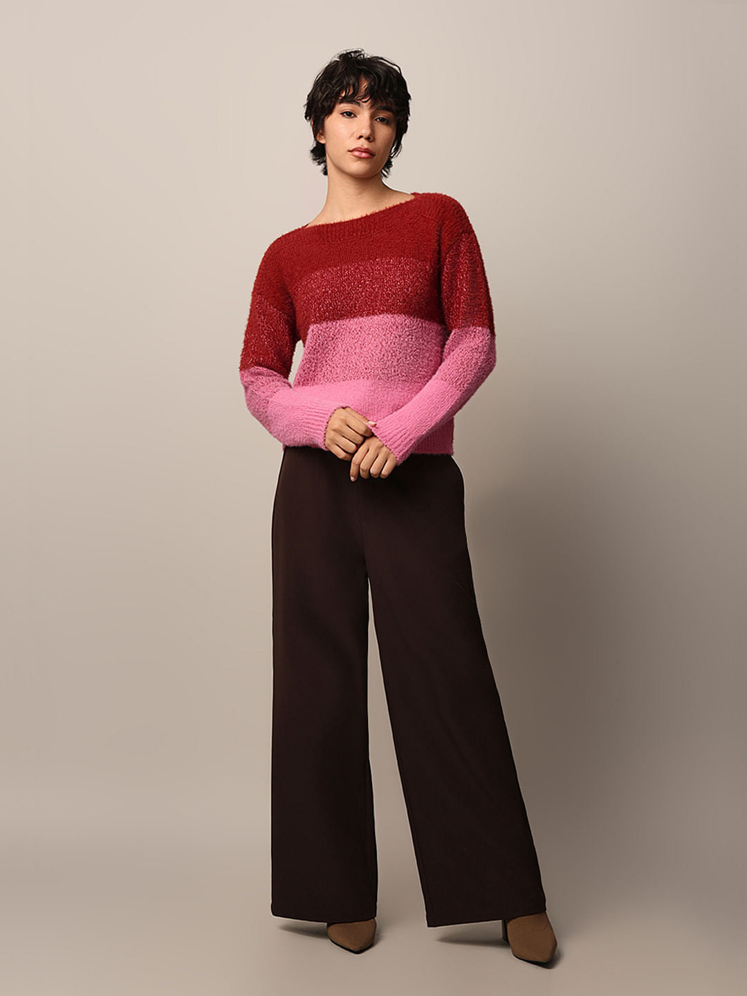 Pink Colourblocked Fuzzy Pullover