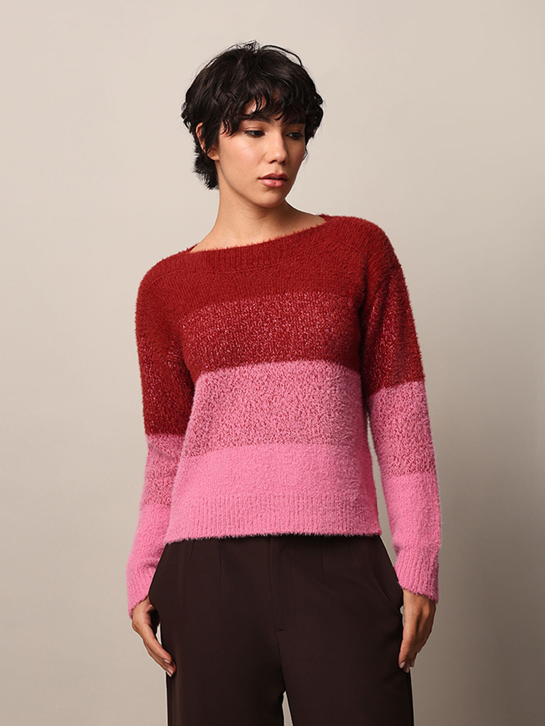 Pink Colourblocked Fuzzy Pullover
