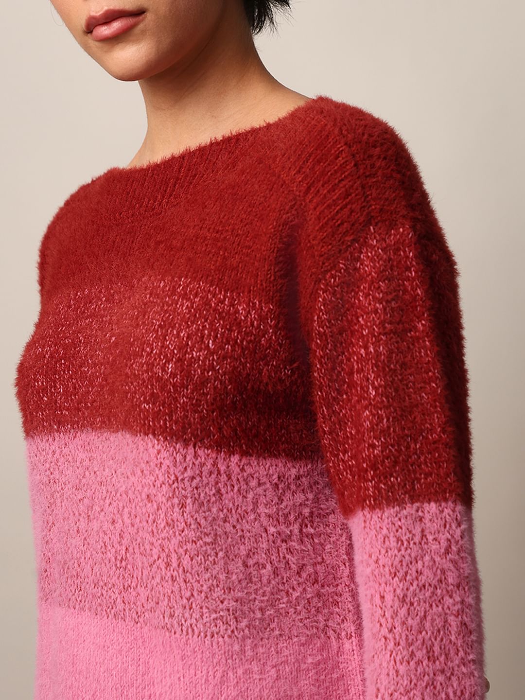 Pink Colourblocked Fuzzy Pullover
