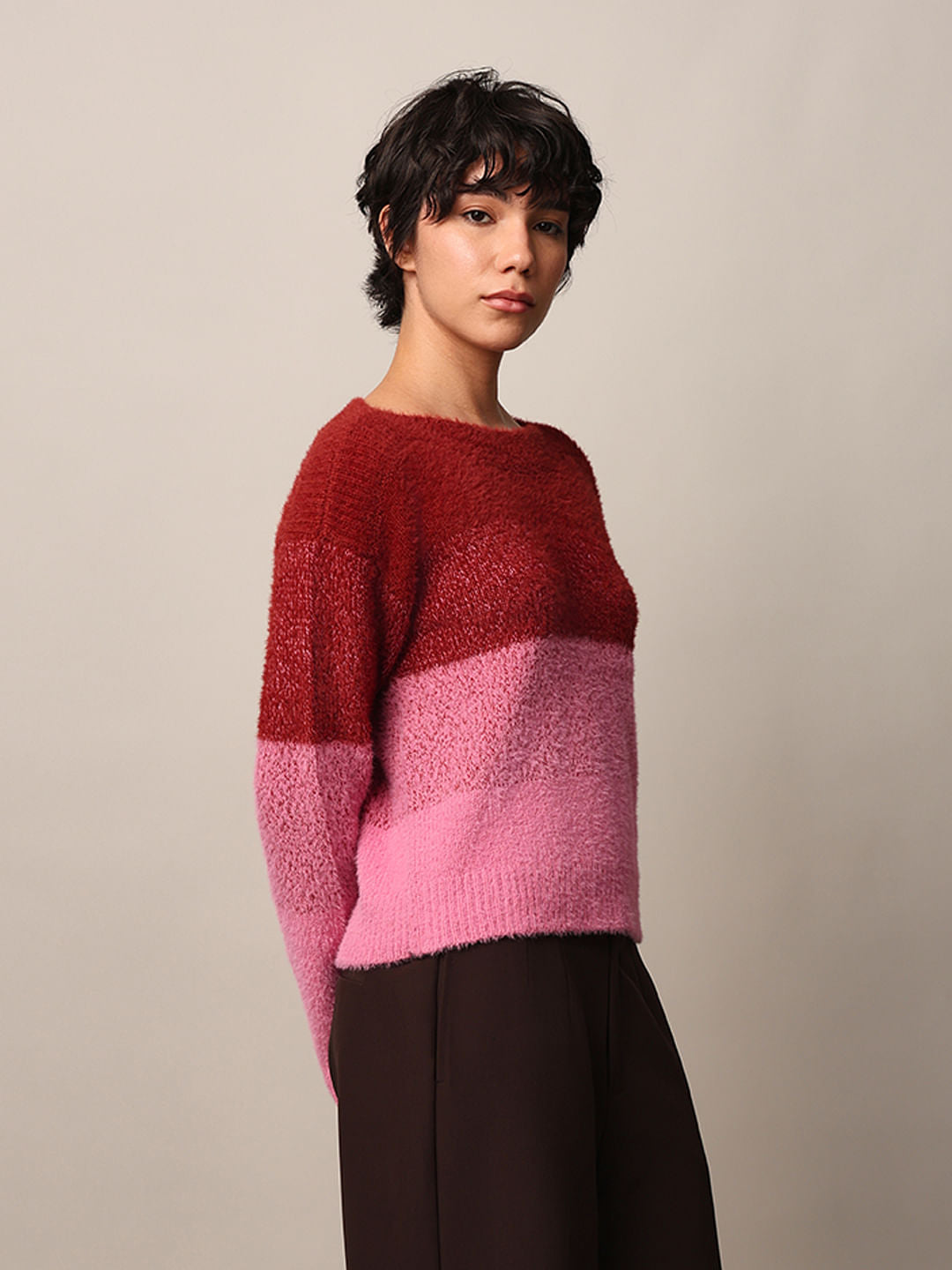 Pink Colourblocked Fuzzy Pullover