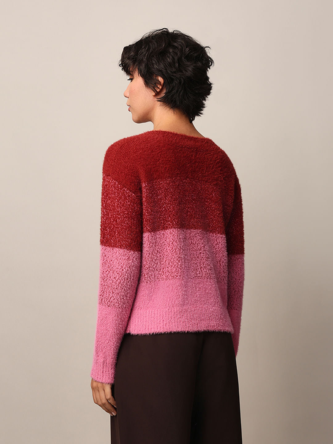Pink Colourblocked Fuzzy Pullover