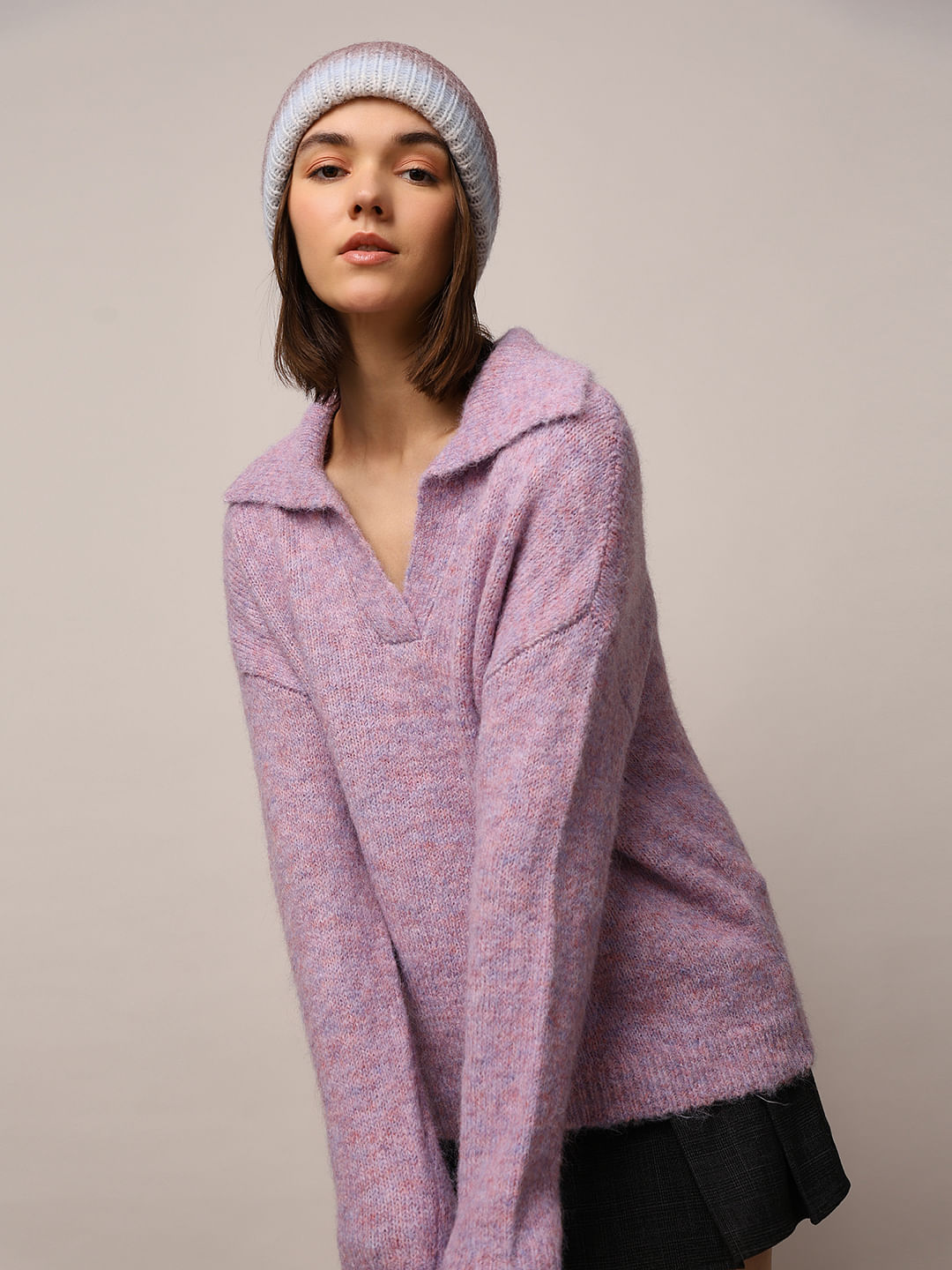 Purple Fuzzy Knit Oversized Pullover - Main Image