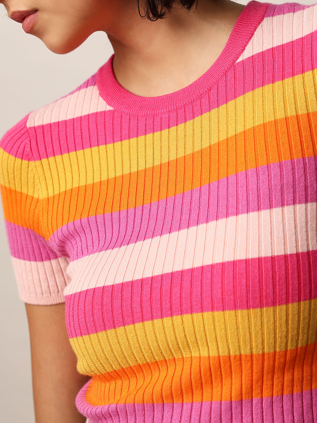 Pink Striped Cropped Pullover