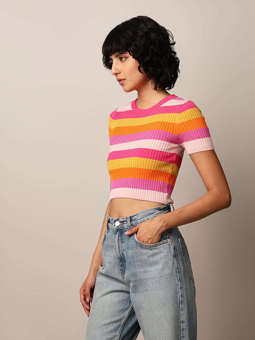 Pink Striped Cropped Pullover