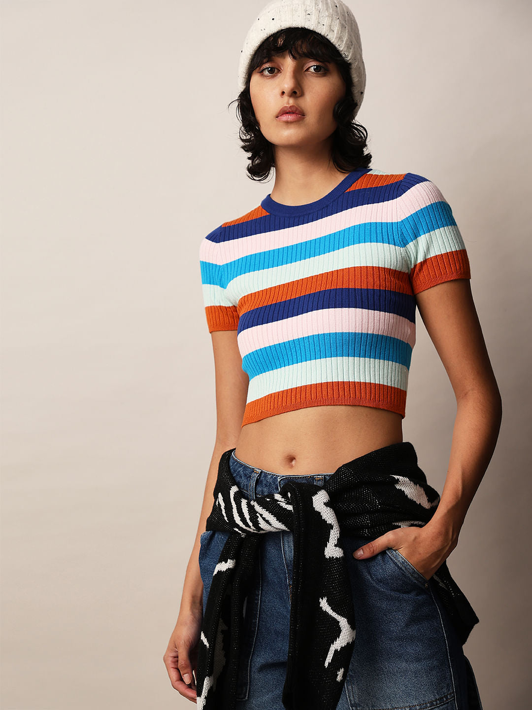 Multi-Colour Striped Cropped Pullover