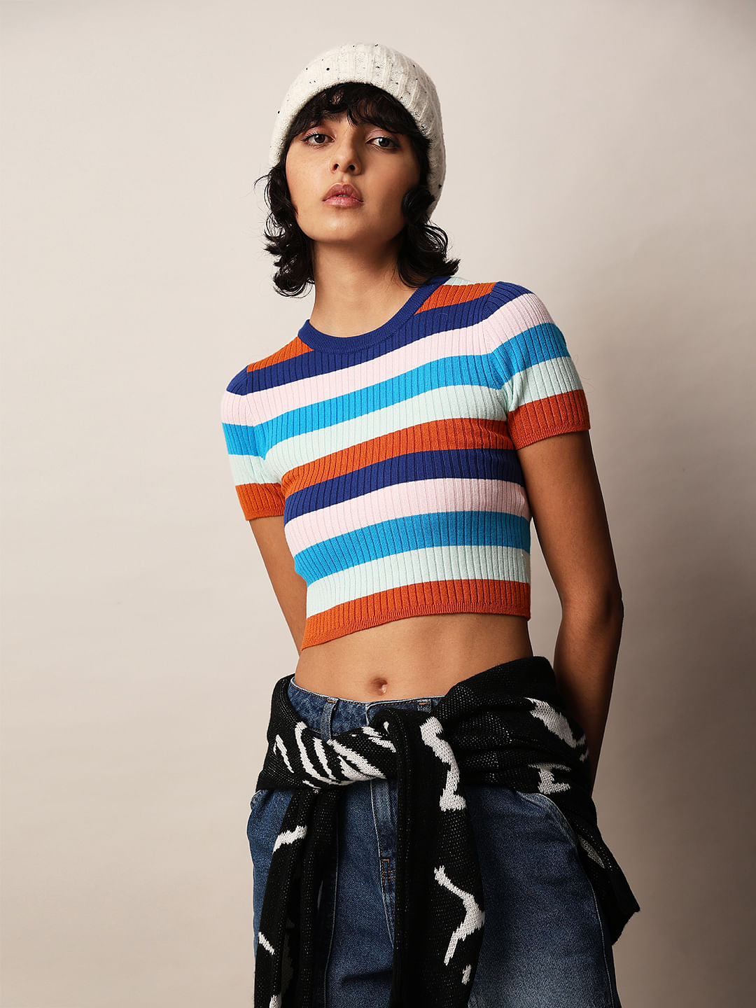 Multi-Colour Striped Cropped Pullover