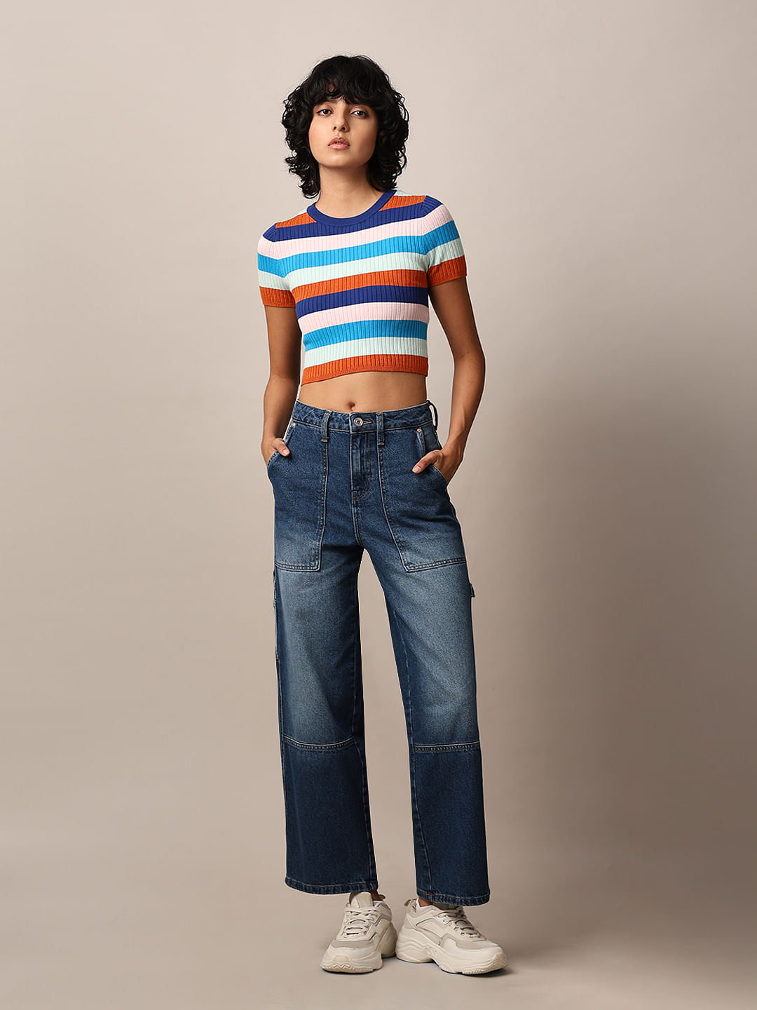 Multi-Colour Striped Cropped Pullover