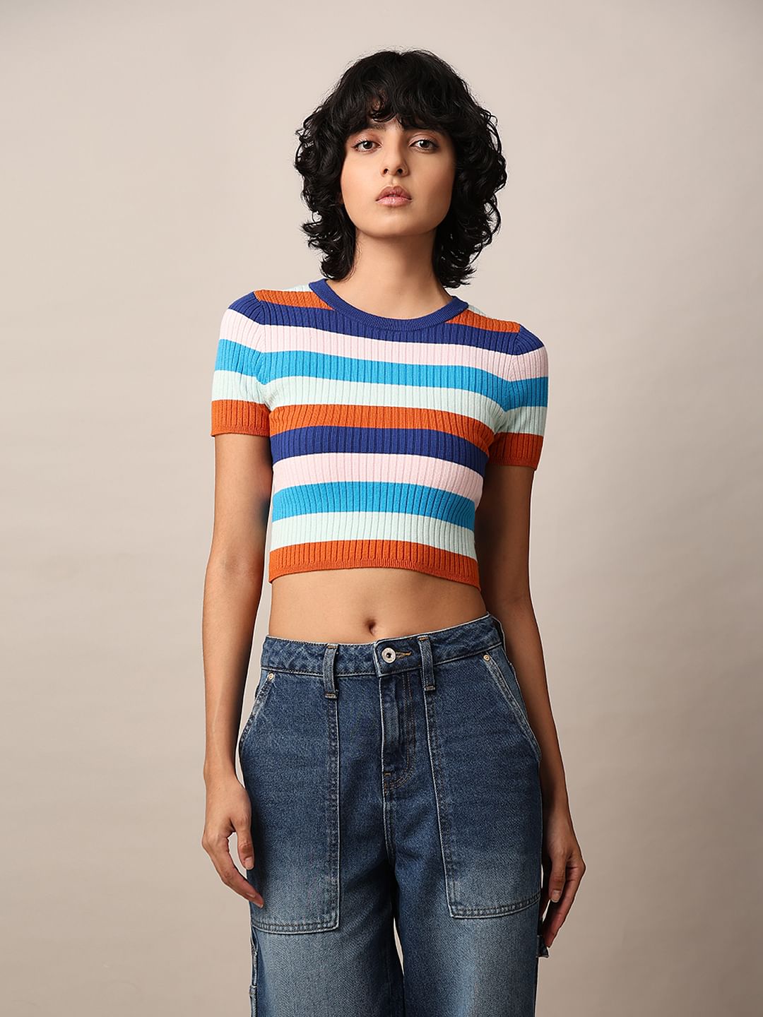 Multi-Colour Striped Cropped Pullover