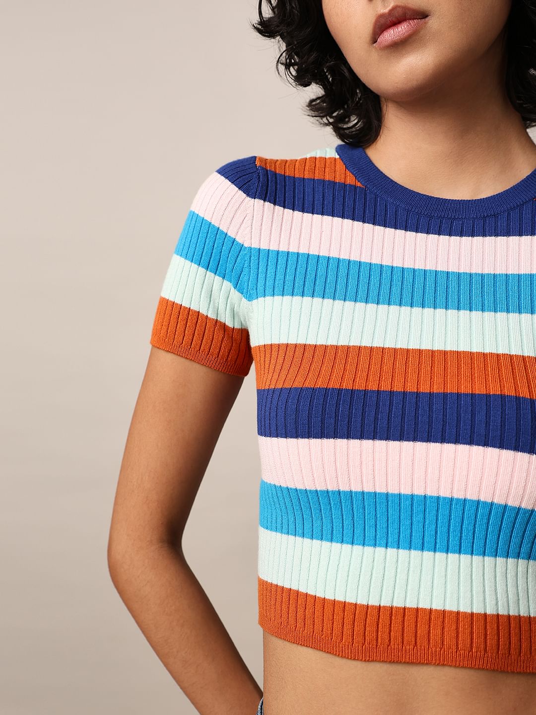Multi-Colour Striped Cropped Pullover