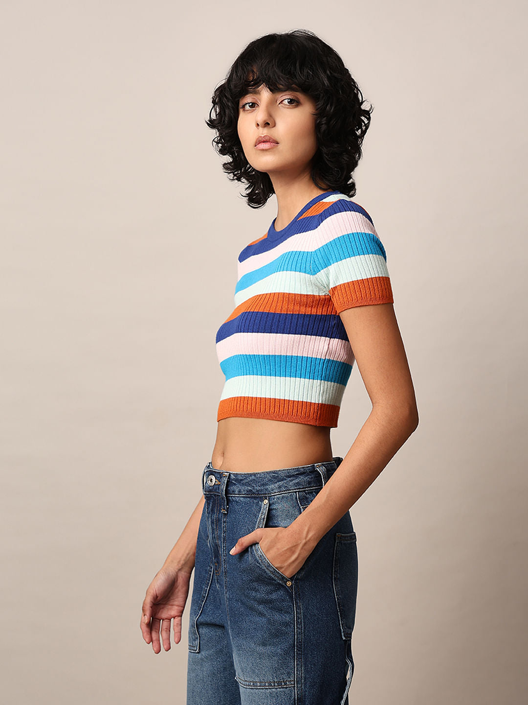Multi-Colour Striped Cropped Pullover