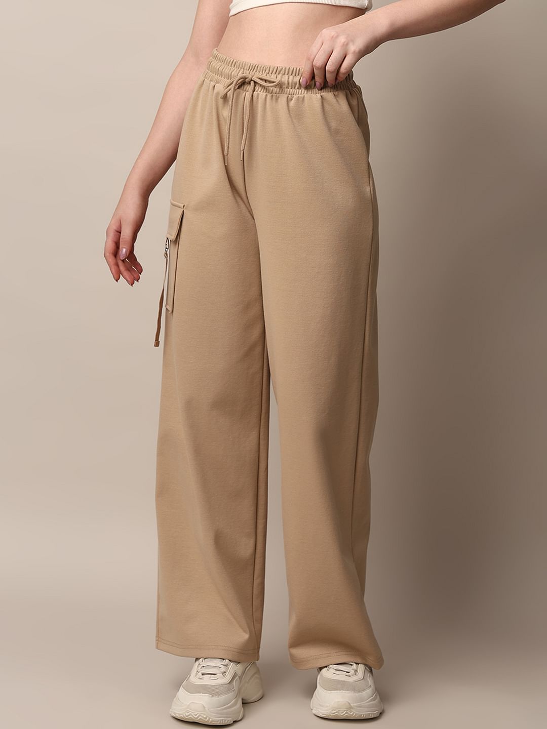 Beige High Rise Straight Fit Pants