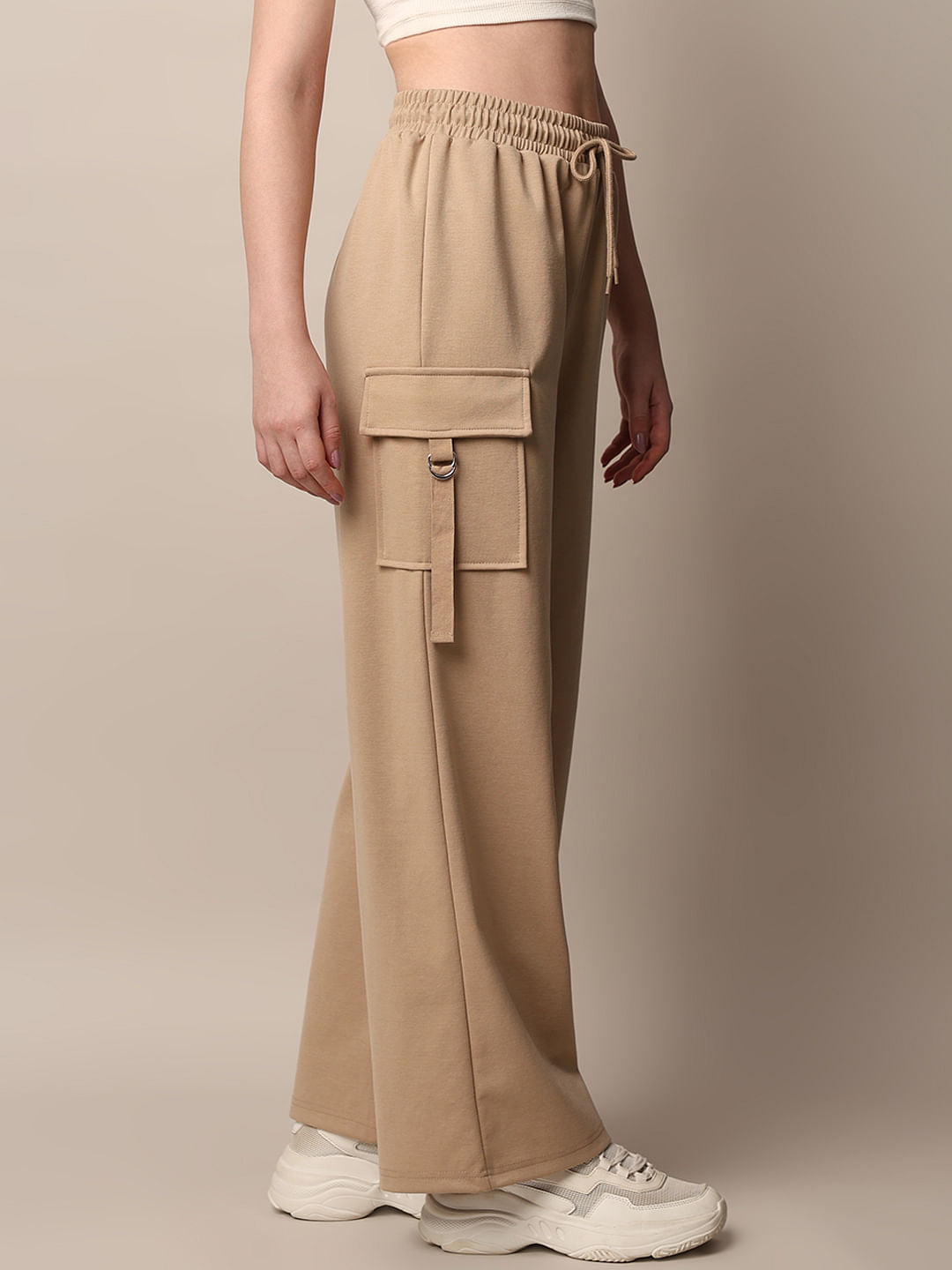Beige High Rise Straight Fit Pants