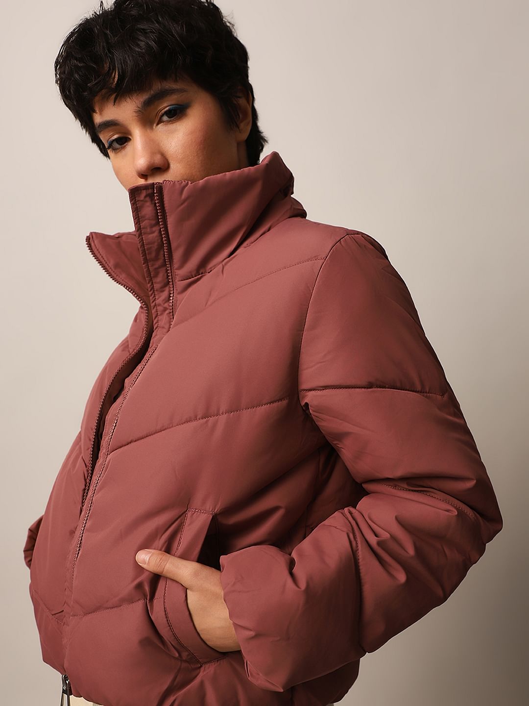 Pink High Neck Puffer Jacket