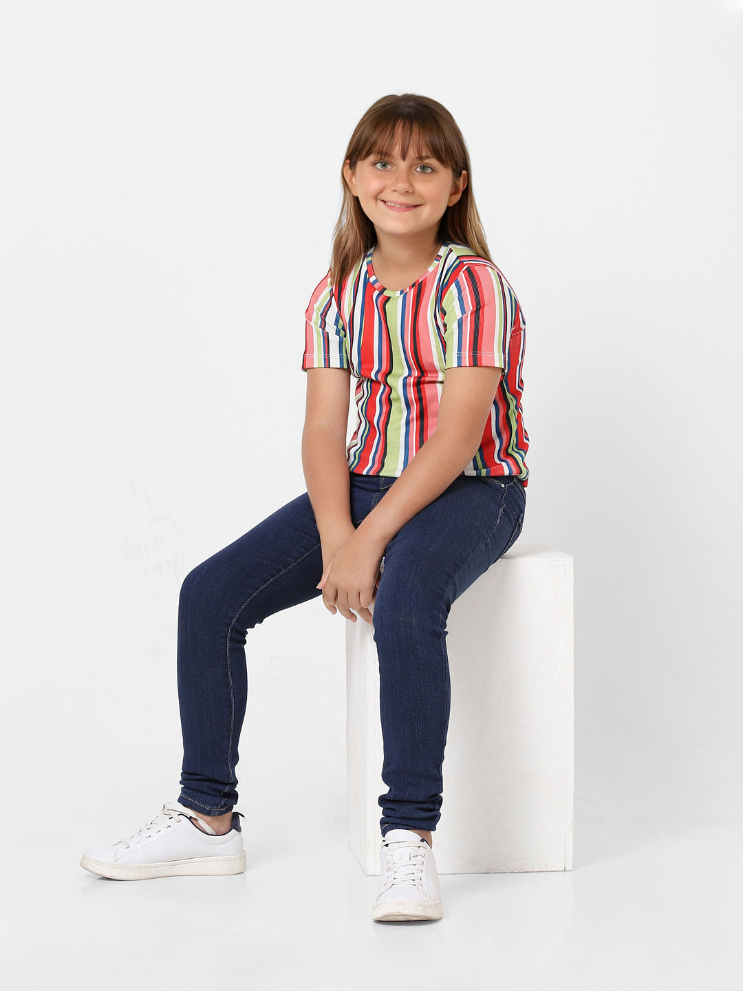 Girls White Colourblocked Striped T-Shirt