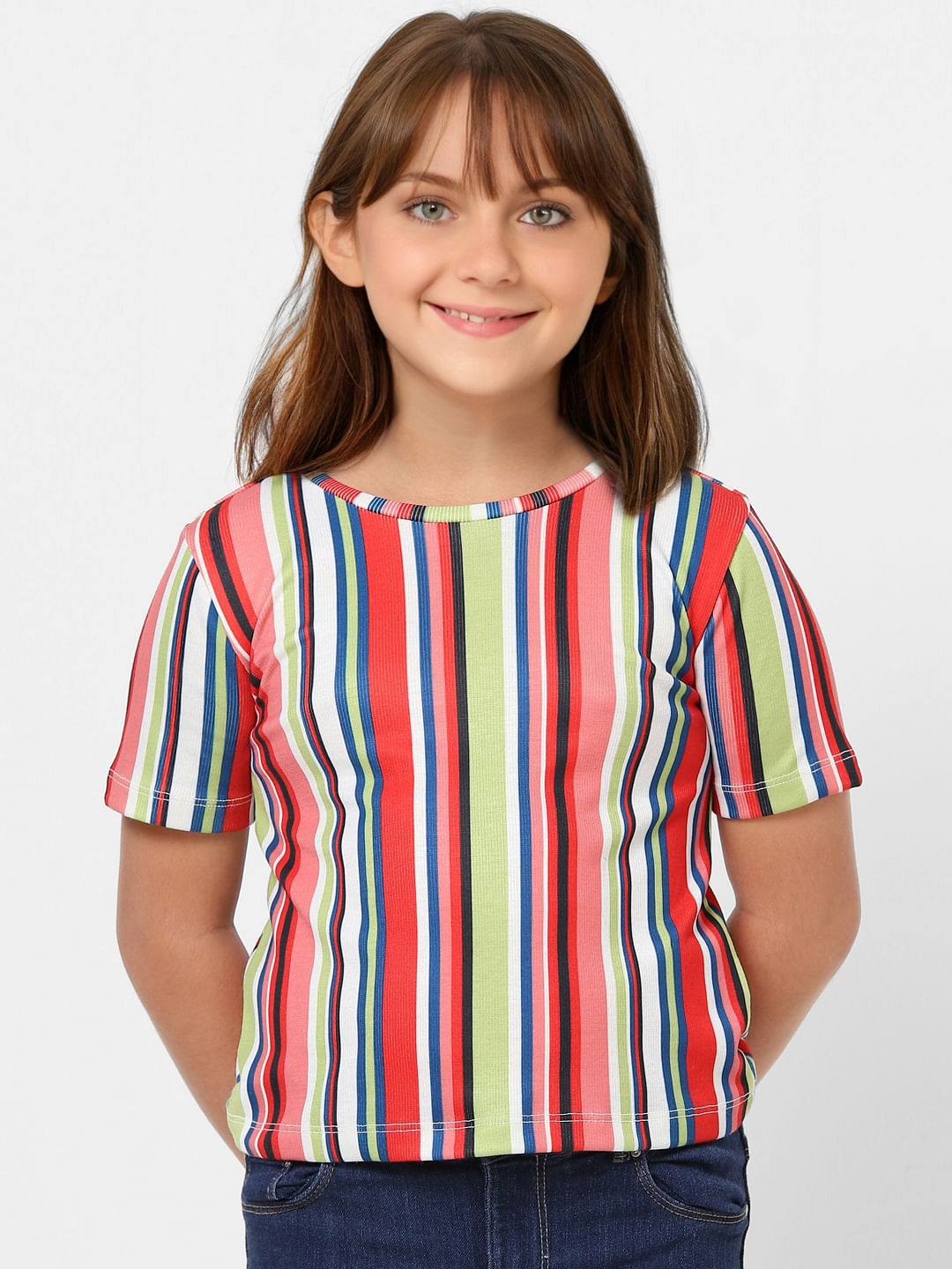 Girls White Colourblocked Striped T-Shirt