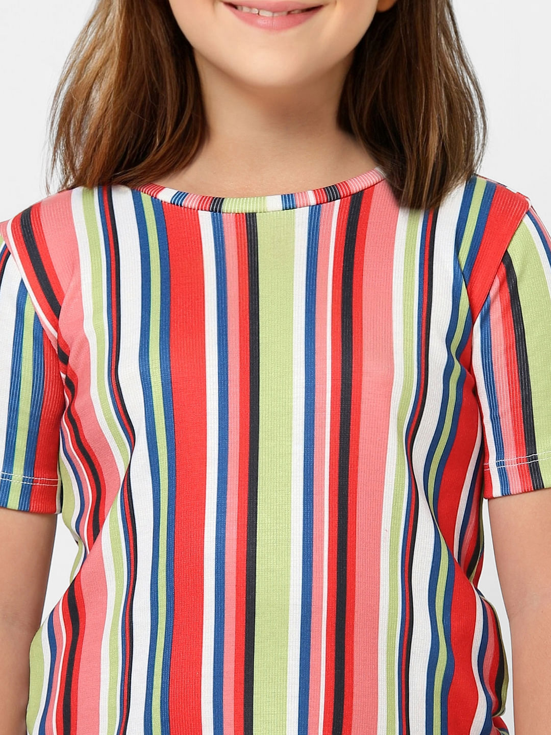 Girls White Colourblocked Striped T-Shirt