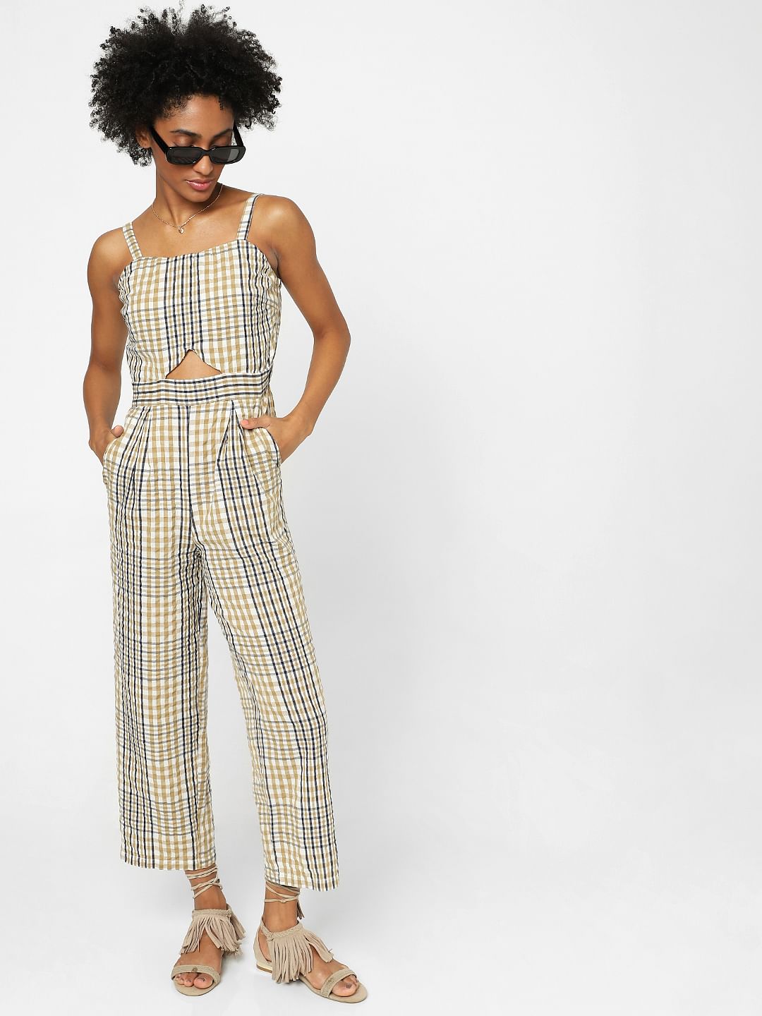 White Check Cut-Out Jumpsuit
